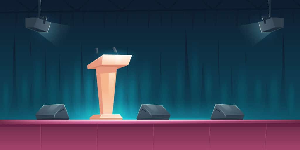 podium, tribune with microphones on stage